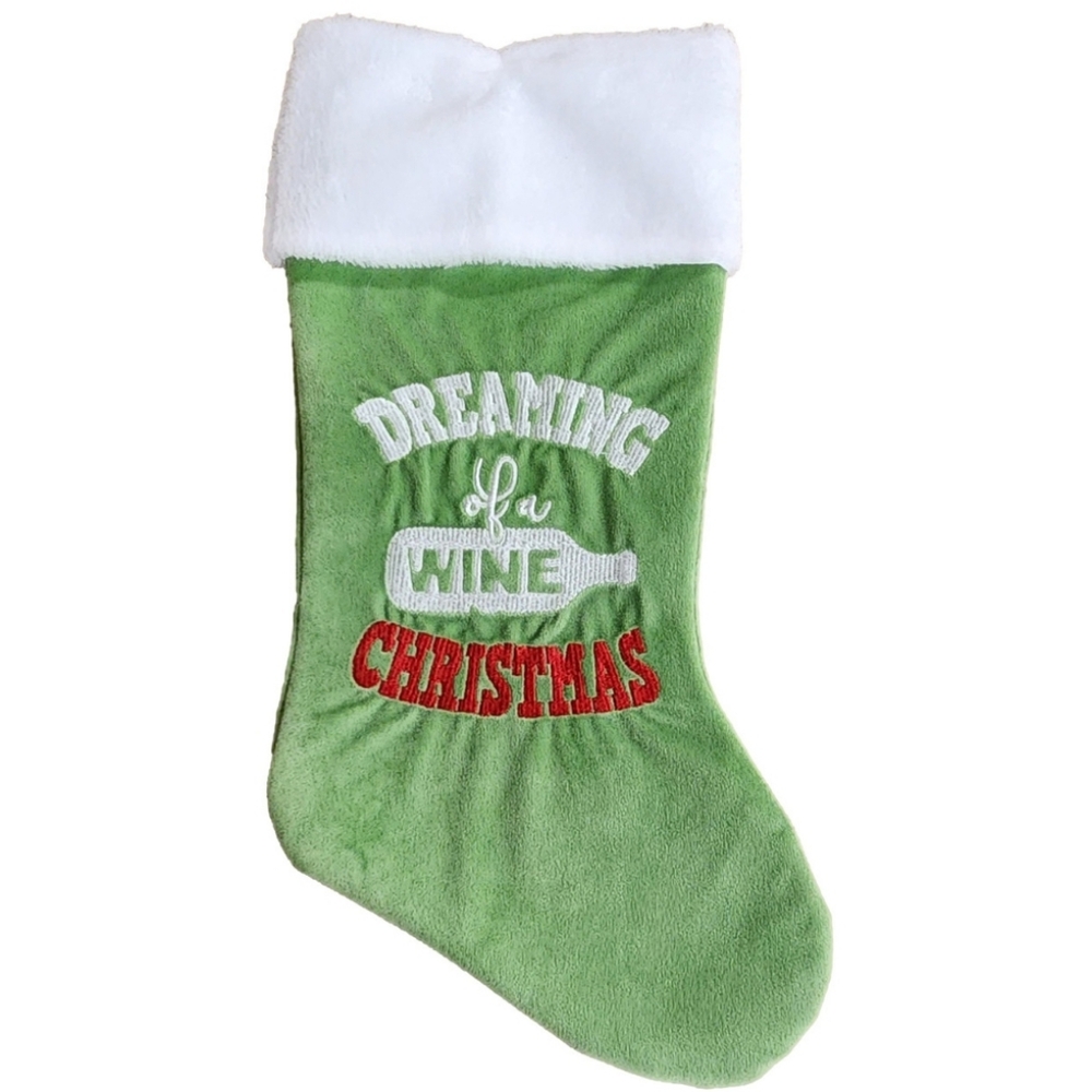 Green Christmas Stocking with Wine Theme NWOT